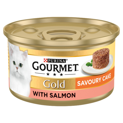 Purina Gourmet Gold Savoury Cake with Salmon cat food can on a white background