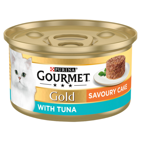 Purina Gourmet Gold with Tuna cat food can on a white background