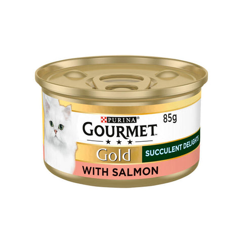 Can of Purina Gourmet Gold with Salmon on a white background