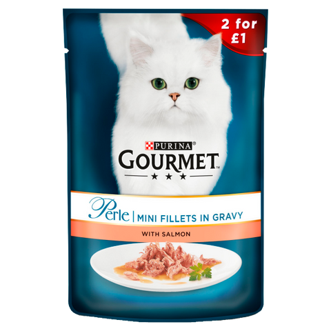Purina Gourmet Perle Mini Fillets in Gravy cat food package with a white cat on a blue background.