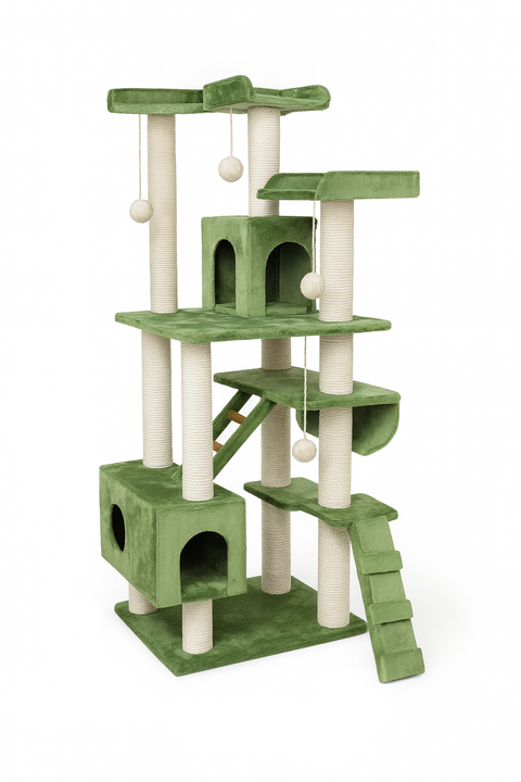 Green and beige cat tree with dimensions on a white background