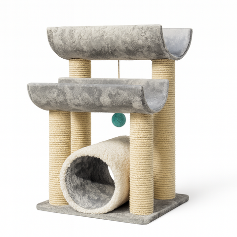 Cat tree with multiple levels and a tunnel on a white background