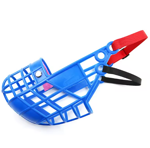 Blue dog muzzle with red and black straps on a white background