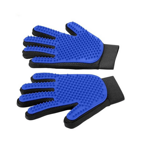 Pair of blue grooming gloves with black accents on a white background