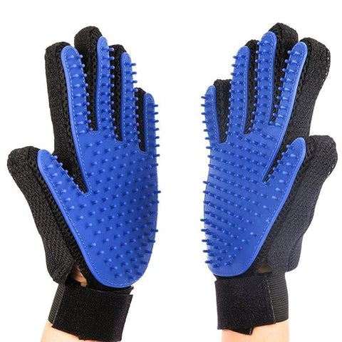 Pair of blue grooming gloves with black accents on a white background