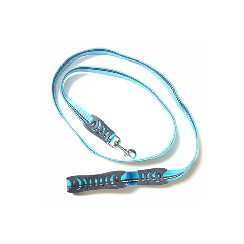 Dog leash with blue and gray pattern on a white background