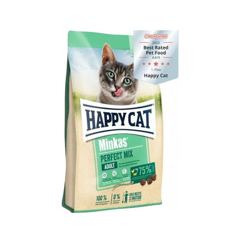 Happy Cat Minkas Perfect Mix cat food package on a white background