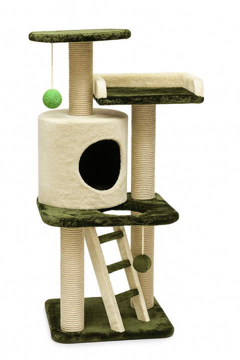 Cat tree with green and beige colors on a white background
