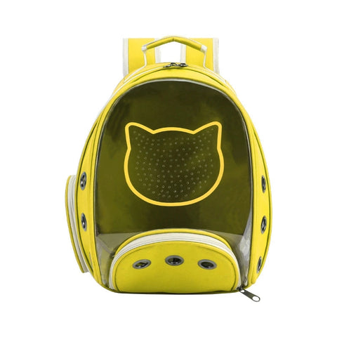 Yellow pet carrier with cat face design on a white background