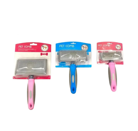 Three pet combs with packaging on a white background