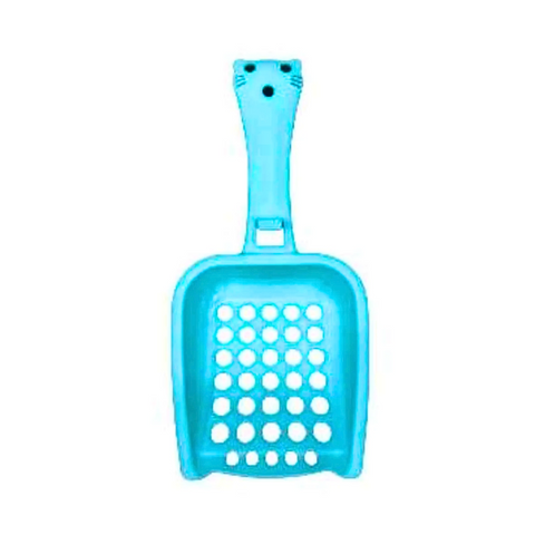 Blue pet scoop with cat face design on a white background