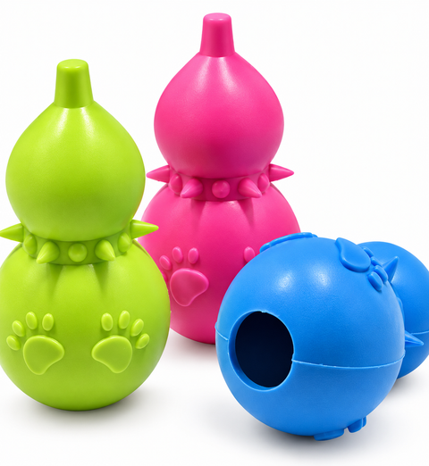 Interactive Dog Chew Toy Balls – Colorful Green, Pink and Blue Rubber Pet Toys with Textured Paw Prints, Spiked Surfaces and Treat-Dispensing Openings for Dogs and Puppies