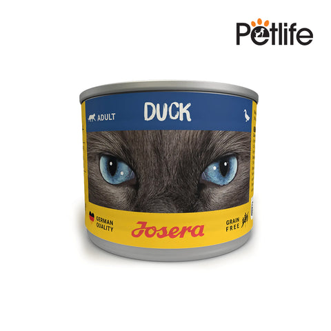 Josera cat food can with a blue label featuring a cat's face on a white background.