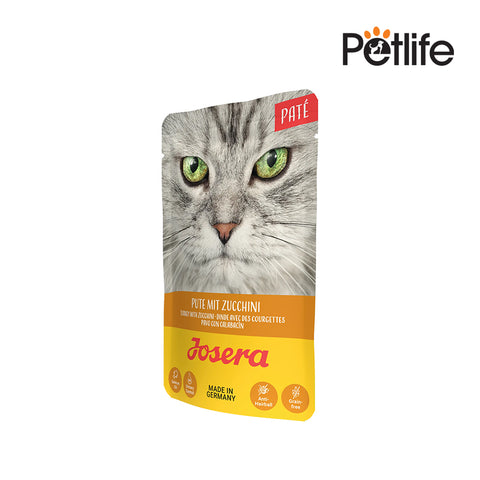 Cat food package with a gray cat's face on the front, featuring the Josera brand.