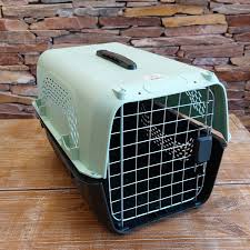 Pet carrier on a wooden floor with a stone wall background