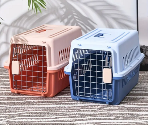 Two pet crates, one red and one blue, on a striped surface.