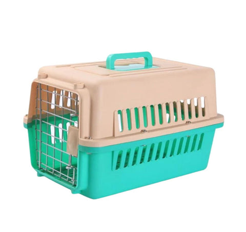 Pet carrier with beige top and green bottom on a white background