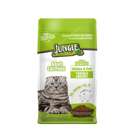 Jungle brand cat food package with a cat on the label