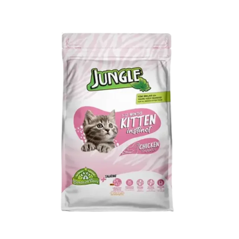 Bag of Jungle Kitten Instant cat food with a pink label featuring a kitten illustration on a white background.