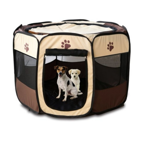 Pet playpen with two dogs inside on a white background