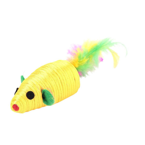 Yellow cat toy shaped like a mouse with green feet and red nose on a white background