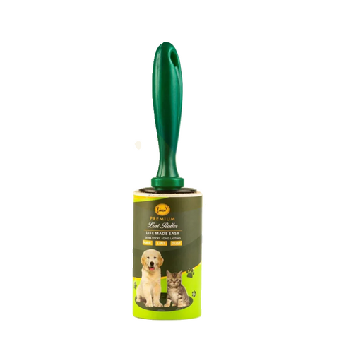 Pet grooming tool with green handle and label featuring a dog and cat on a white background