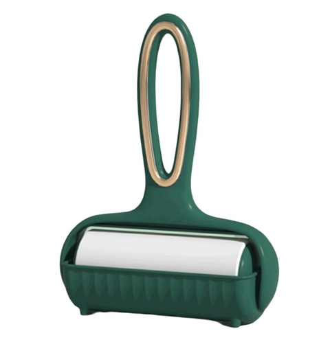 Green pet hair remover with a metallic roller on a white background