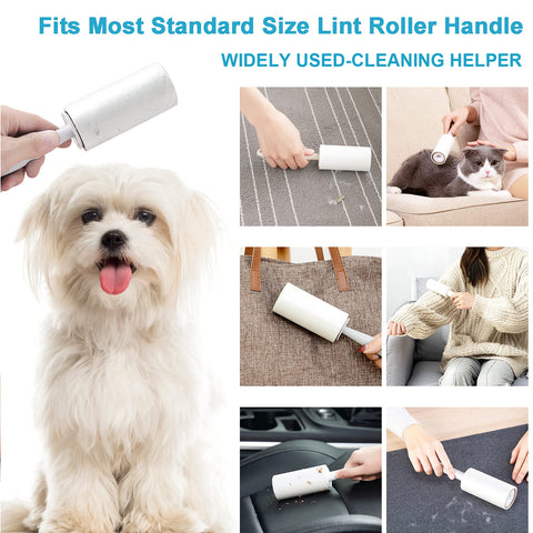 Collage of a lint roller in use with various scenarios including a dog, pet, and cleaning tasks.