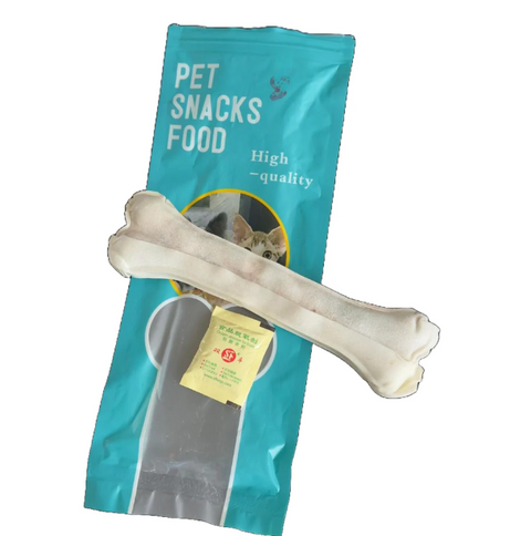 Dog bone snack on a 'Pet Snacks Food' package with a white background