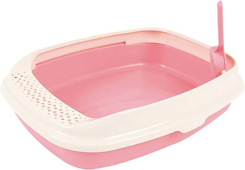 Pink and beige pet litter box with a perched cat on a white background