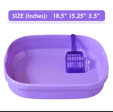 Purple cat litter box with scoop on a white background