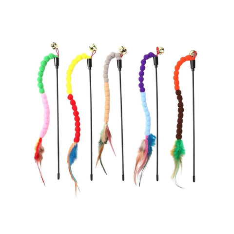 Set of colorful cat toys with feathers on a white background