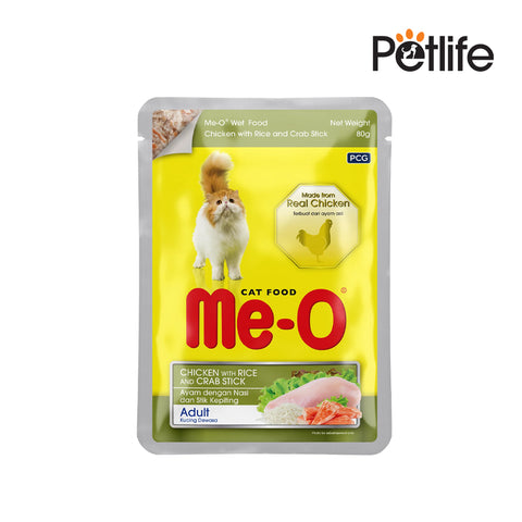 Cat food pouch with 'Me-O' branding on a white background