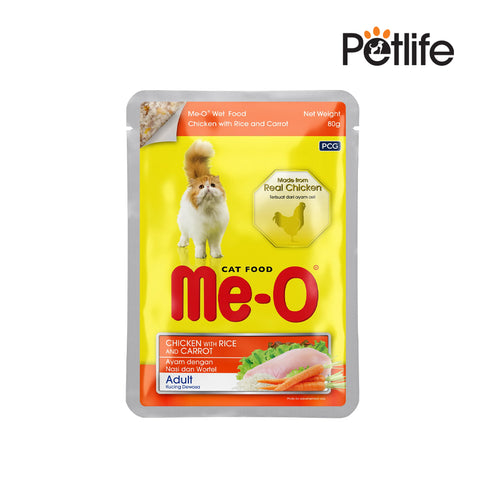 Me-O cat food pouch with Petlife branding on a white background