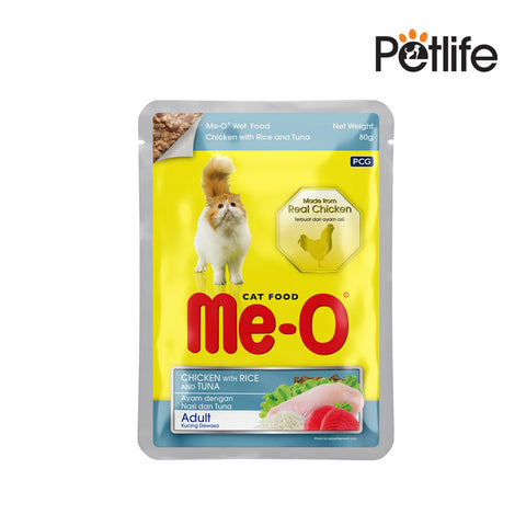 Cat food pouch with 'Me-O' branding on a white background