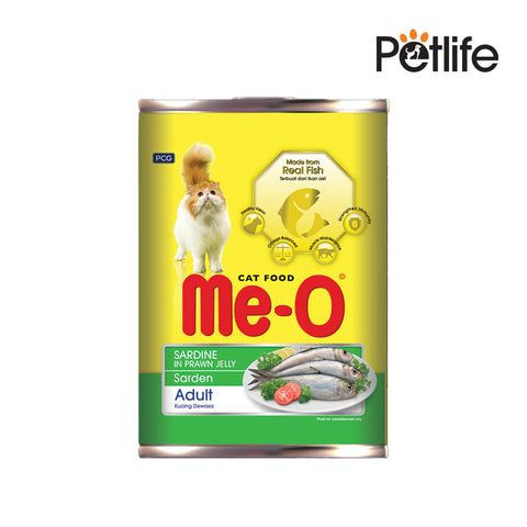Can of Me-O cat food with a yellow label featuring a cat and fish illustration on a white background.