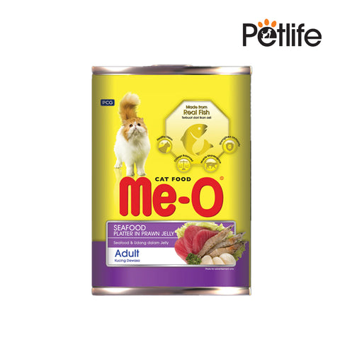 Cat food can with 'me-o' branding on a white background