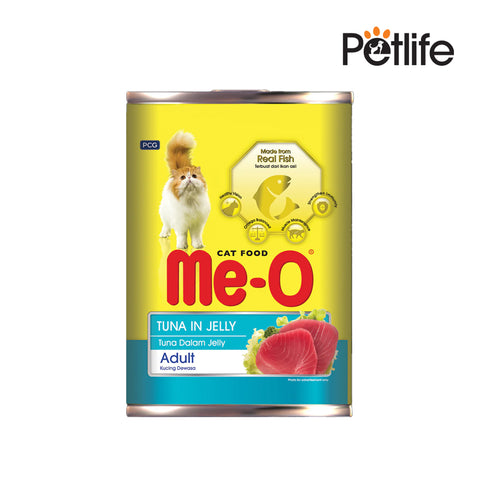 Can of Me-O cat food with a yellow label featuring a cat and tuna illustration on a white background.