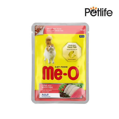 Me-O cat food pouch with a yellow label featuring a cat and fish illustration, branded with Petlife.