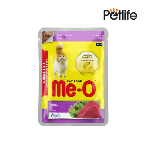 Me-O cat food pouch with a purple border on a white background