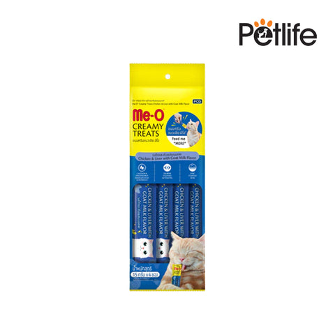 Packaging of me-O Creamy Treats for cats with Petlife branding on a white background
