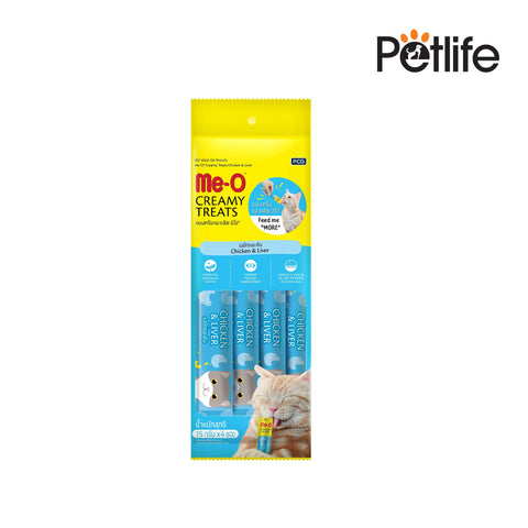 Pack of Me-O Creamy Treats for cats with Petlife branding on a white background