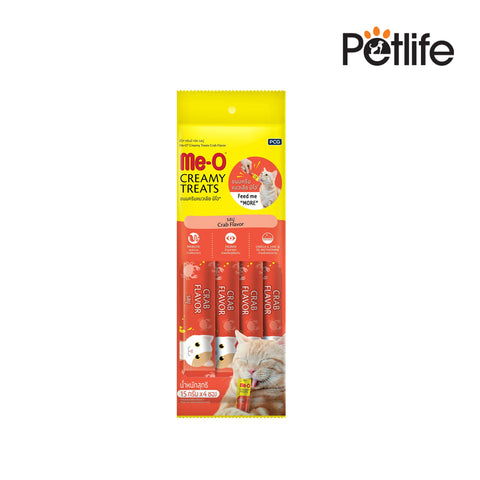 Packaging of me-O Creamy Treats for cats with Petlife logo on a white background
