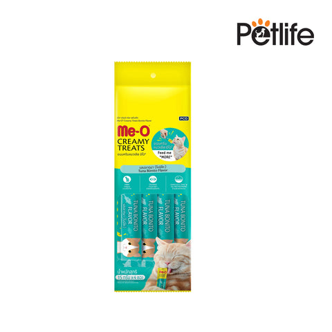 Packaging of Me-O Creamy Treats for cats with Petlife logo on a white background