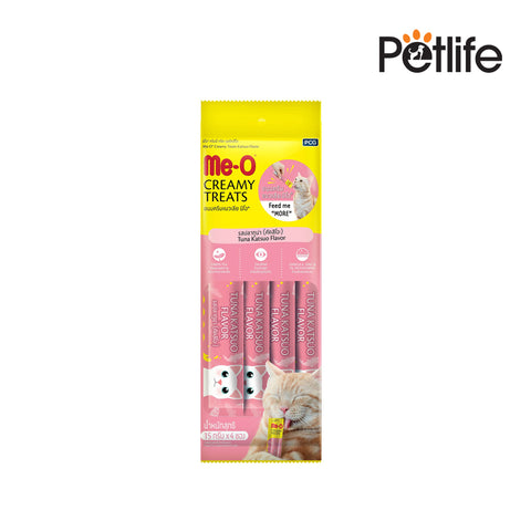 Packaging of Me-O Creamy Treats for cats with a cat illustration on a white background, featuring the Petlife brand.