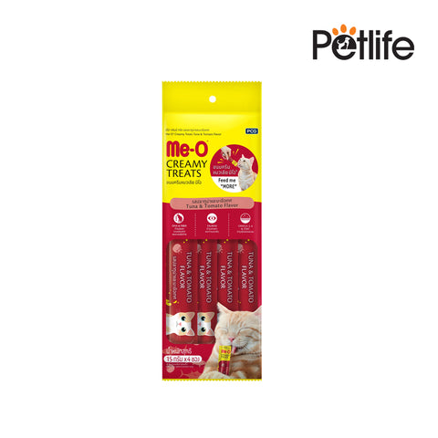 Packaging of Me-O Creamy Treats for cats with a cat illustration on a white background, featuring the Petlife brand.