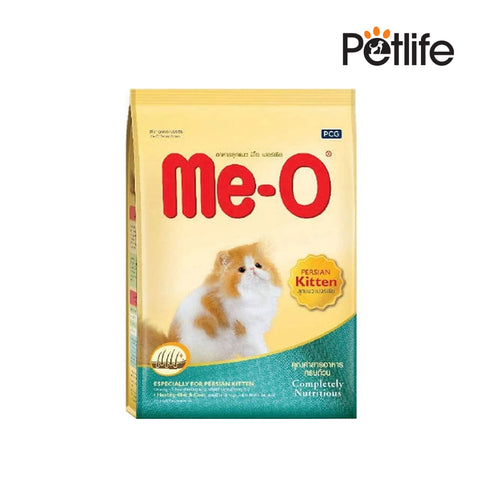 Cat food package with 'me-o' branding and a Persian kitten illustration on a white background.