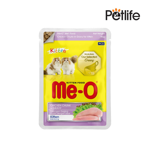 Me-O kitten food pouch with cats on a yellow background, featuring Petlife brand.