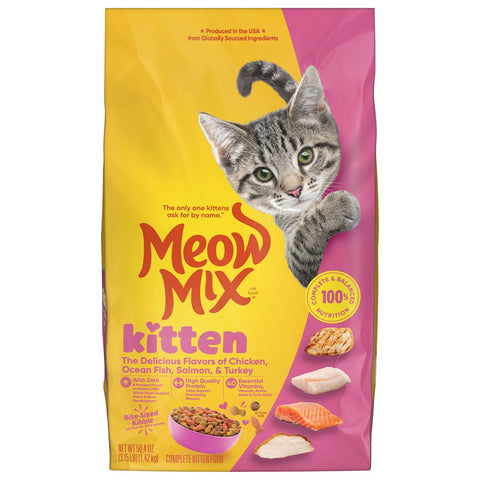 Meow Mix Kitten food package with a cat on a yellow and pink background