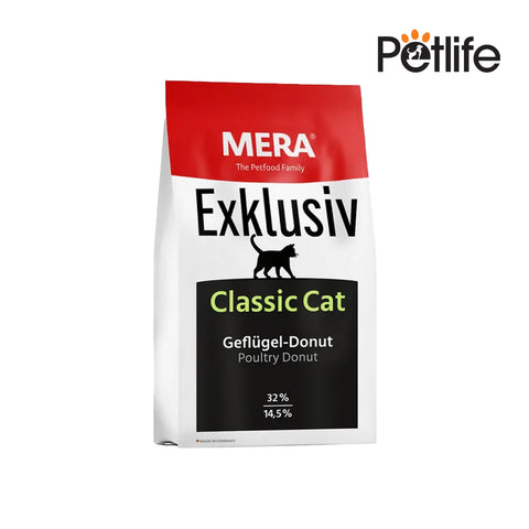 Mera Exclusiv Classic Cat food package on a white background with Petlife logo.